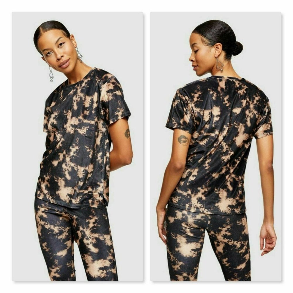 Topshop Tie Dye Velvet T-Shirt Short Sleeve Stretch Size M Black & Tan NEW $45 - Picture 1 of 4